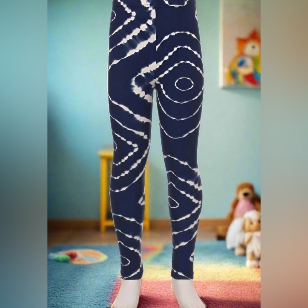 Small NEW Girls Blue White Tie Dye Leggings, Kids Soft Yoga Pants